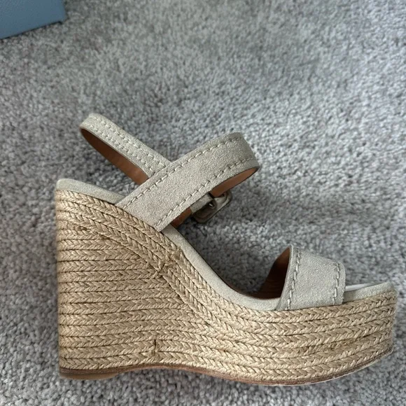 Prada Nude Suede Jute 4 inch Wedge Peep Toe Sandal 35.5 /  5.5 US $850 - Picture 8 of 14
